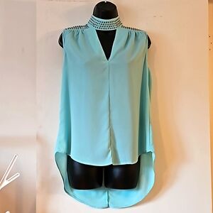 Chic Sandra Angelazzi Aqua Tunic Blouse with Rhinestone Detail